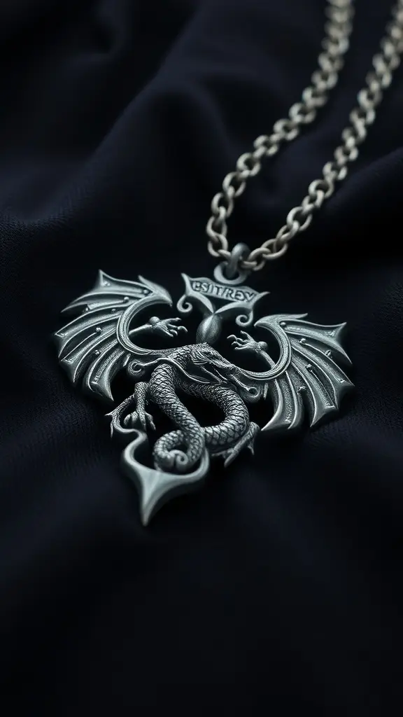 A detailed silver necklace featuring a dragon design, symbolizing Valyrian steel jewelry.