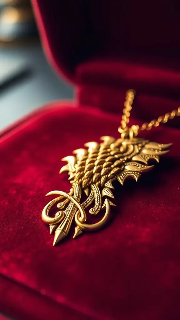 A golden pendant inspired by House Lannister, displayed in a red velvet box.