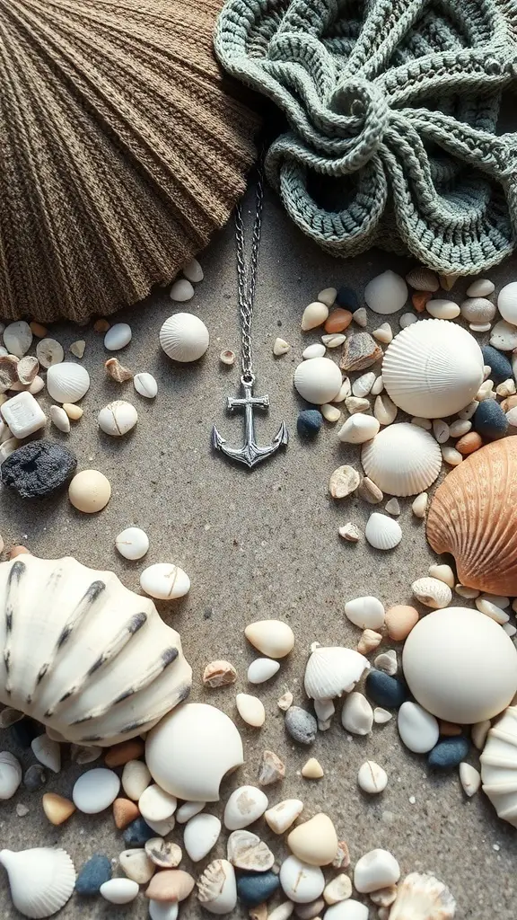 A silver anchor necklace surrounded by seashells and pebbles on a sandy surface.