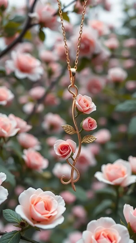 A gold necklace with a rose pendant surrounded by pink roses