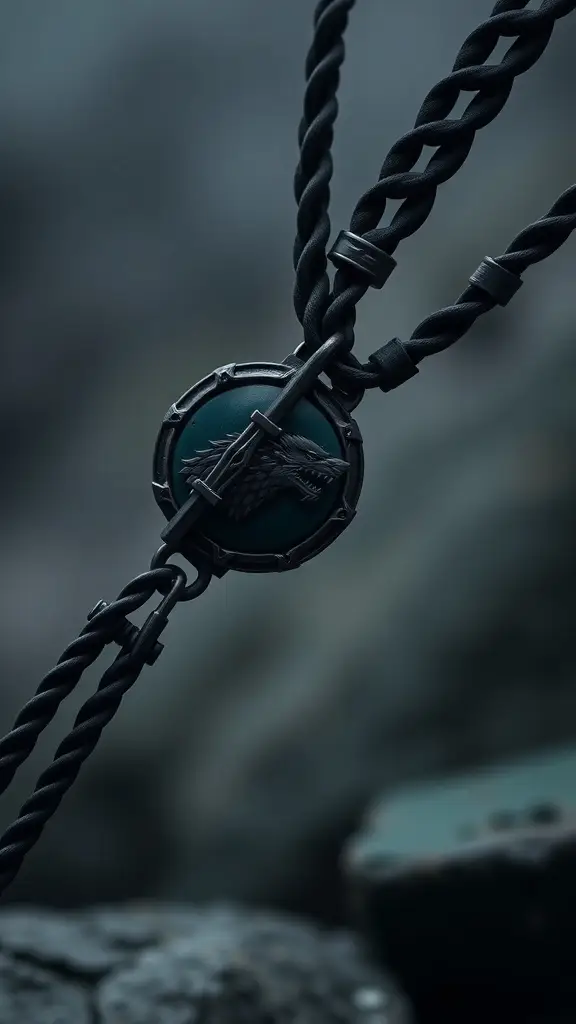 A dark necklace featuring a wolf emblem, representing the Night's Watch from Game of Thrones.