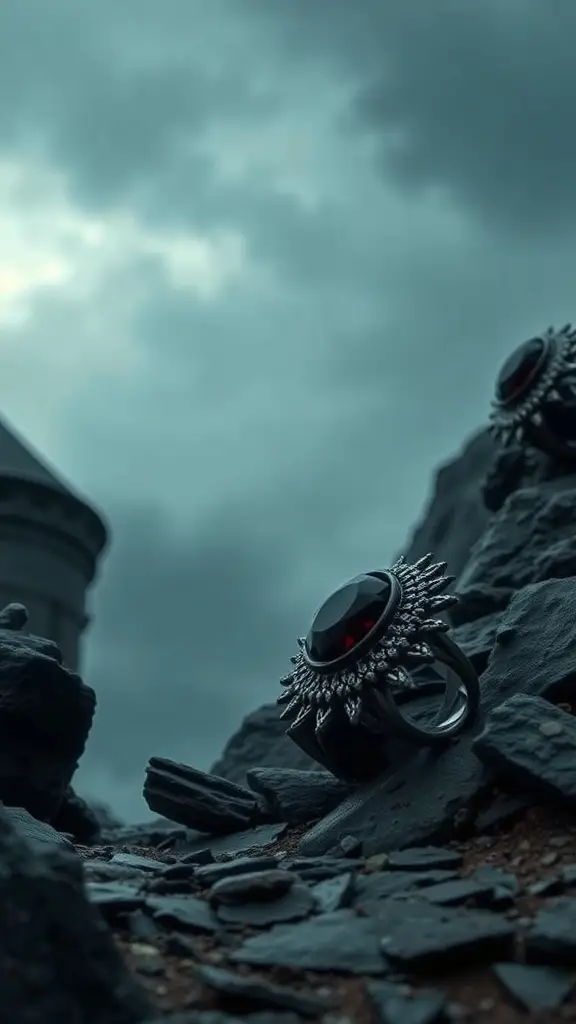 A close-up of bold rings with dark stones on rocky terrain, representing the fierce spirit of the Stormlands.