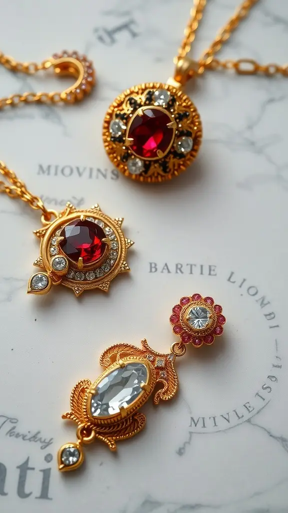 Three luxurious gold necklaces with red and clear gemstones, symbolizing wealth and luxury.