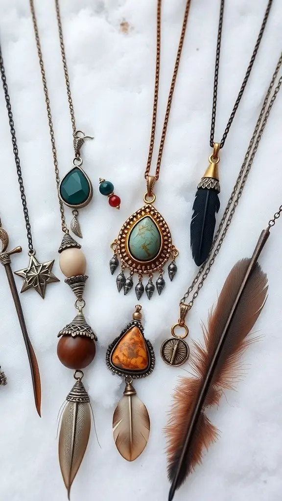 A collection of nature-inspired jewelry featuring necklaces with stones, feathers, and intricate metalwork.