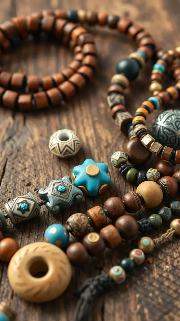 A collection of colorful beads and jewelry pieces on a wooden surface, showcasing various designs and materials.