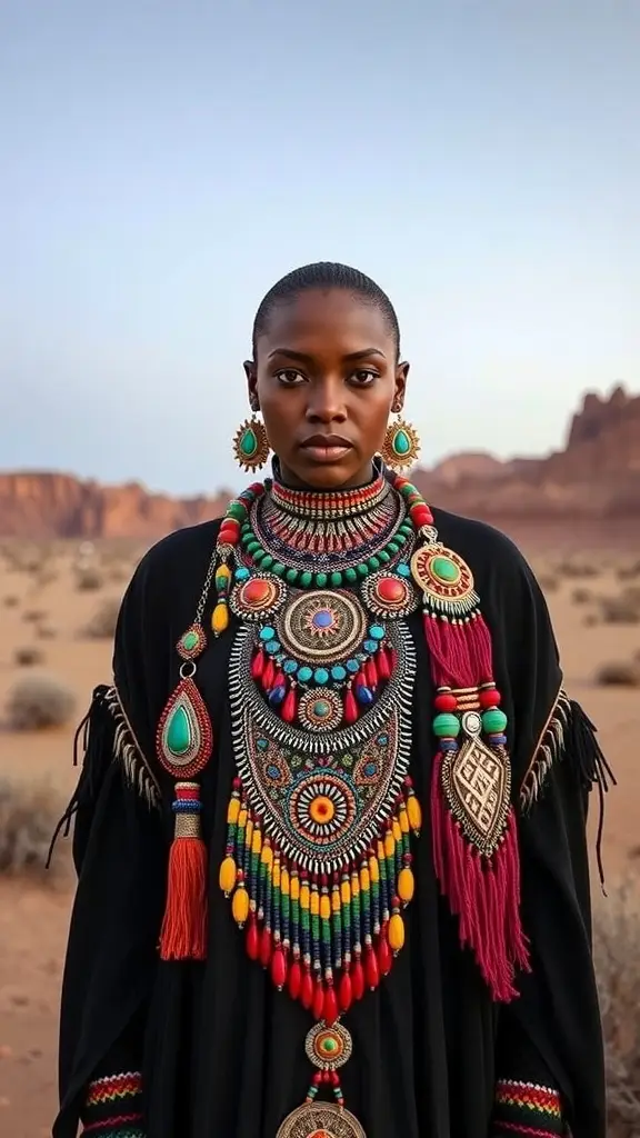 A collection of vibrant Dothraki-inspired jewelry displayed on a sandy surface, featuring colorful beads and intricate designs.
