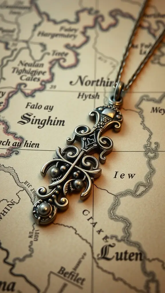 A silver pendant on a map, representing jewelry inspired by Game of Thrones cultures.