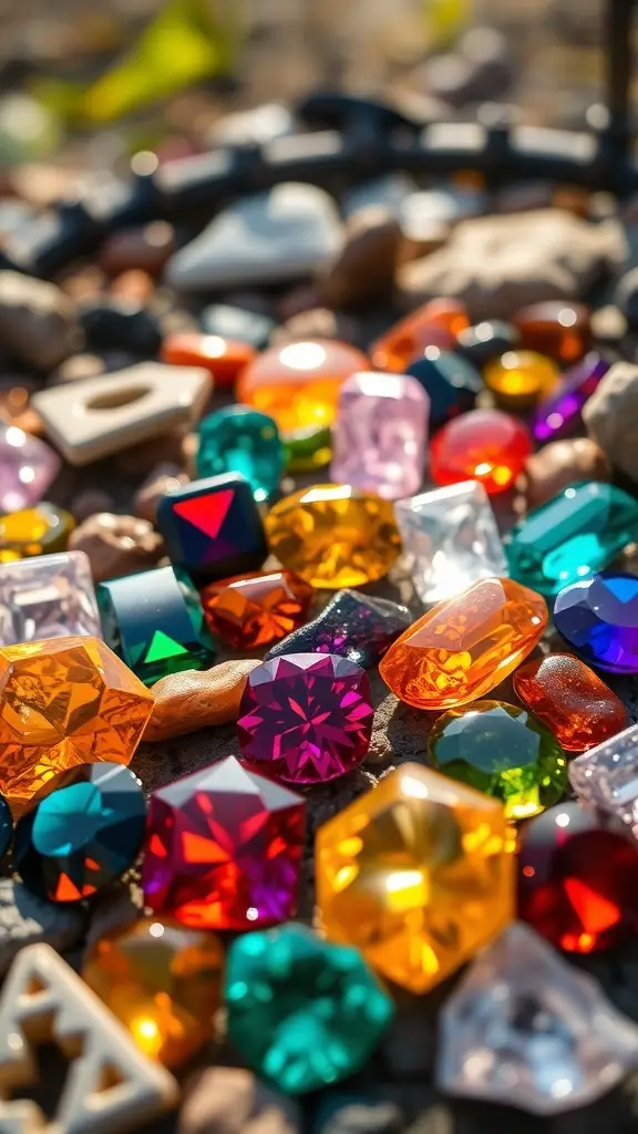 A colorful assortment of gems and stones reflecting sunlight, showcasing various shapes and hues.