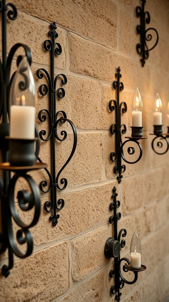 Wrought iron candle holders on a stone wall