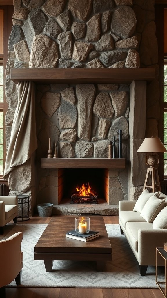 A rustic stone fireplace with a wooden mantel, surrounded by cozy seating and a warm fire.