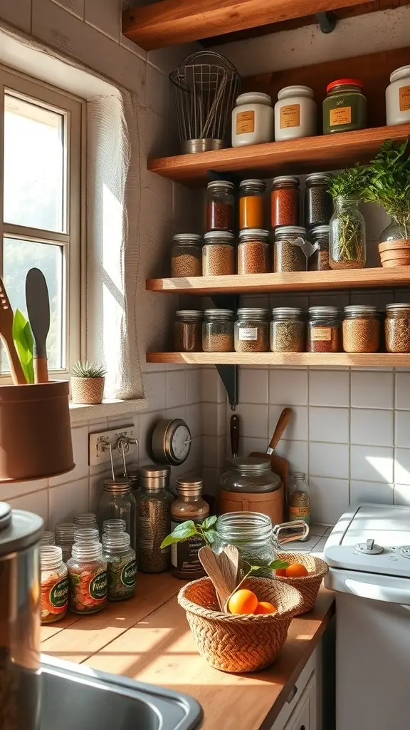 A rustic kitchen shelf displaying jars of herbs and spices, with potted plants and warm lighting.