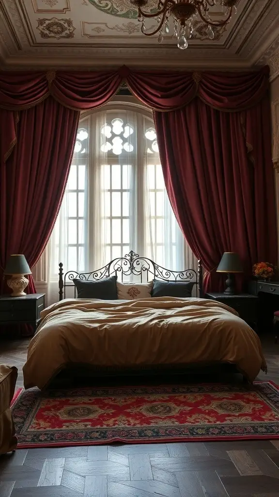 A cozy bedroom featuring rich red curtains, a golden duvet, and a patterned rug, creating a warm and inviting atmosphere.