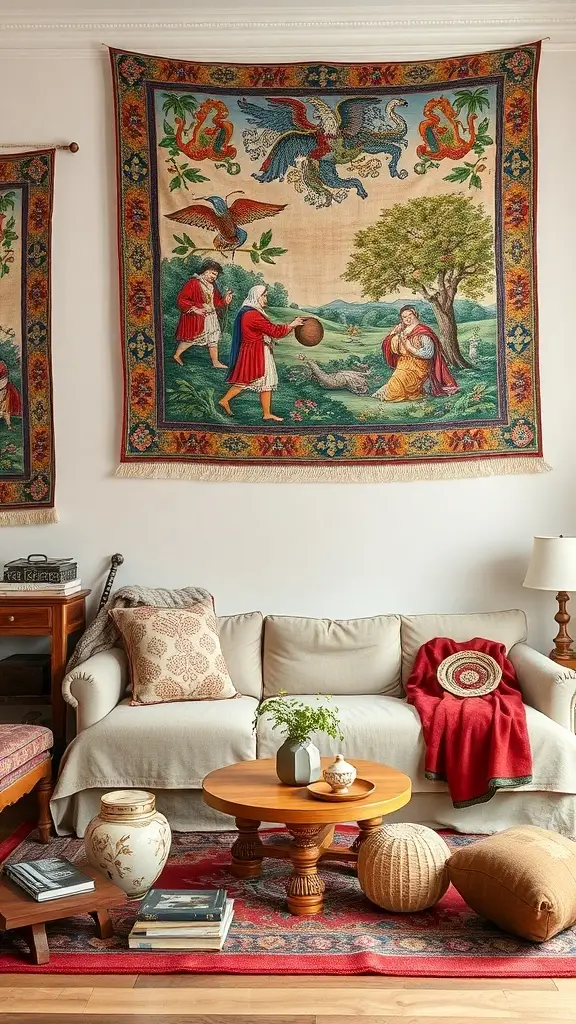 A vibrant tapestry wall hanging depicting a medieval scene, enhancing a cozy living room with rustic decor.