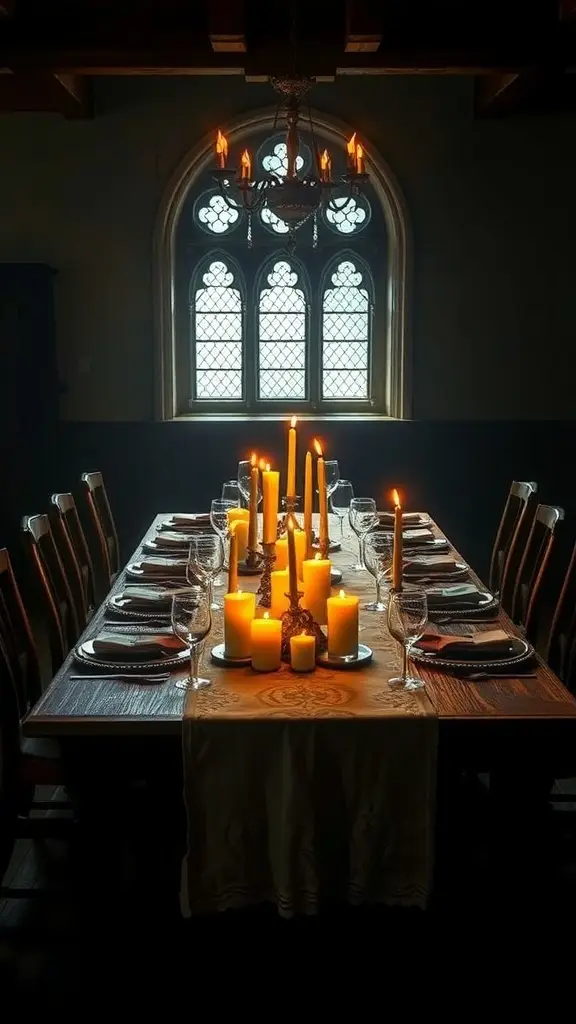 A rustic dining table set with candles and elegant tableware, illuminated by warm candlelight.