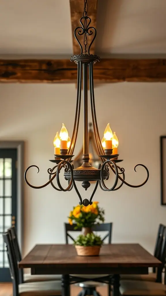 A medieval-inspired chandelier with candle-like bulbs hanging above a dining table.