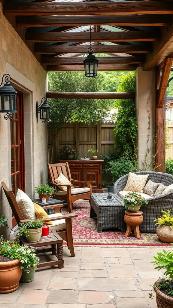 A cozy rustic outdoor space with wooden furniture, plants, and lanterns.