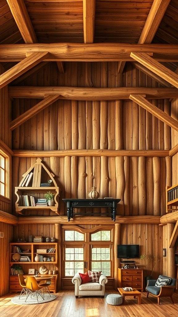 Interior of a rustic room with wooden walls and furniture, showcasing a cozy and inviting atmosphere.
