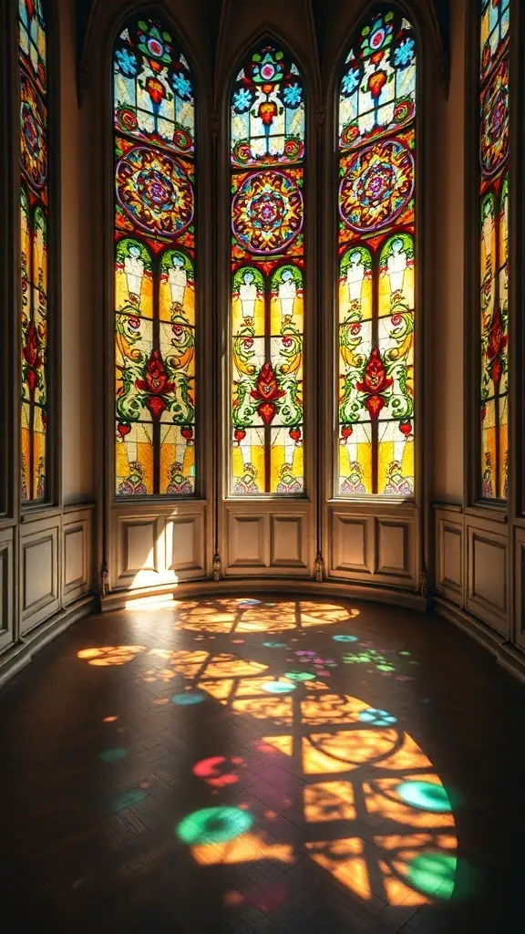 Colorful stained glass windows casting light patterns on the floor