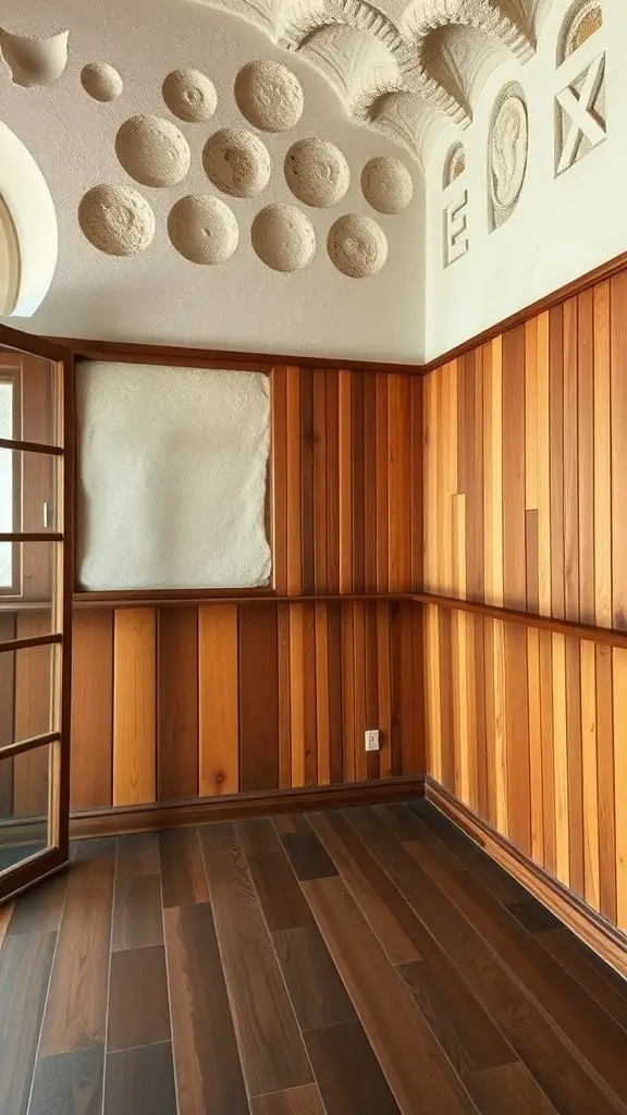 Interior view of a room with wooden wall paneling and a textured ceiling