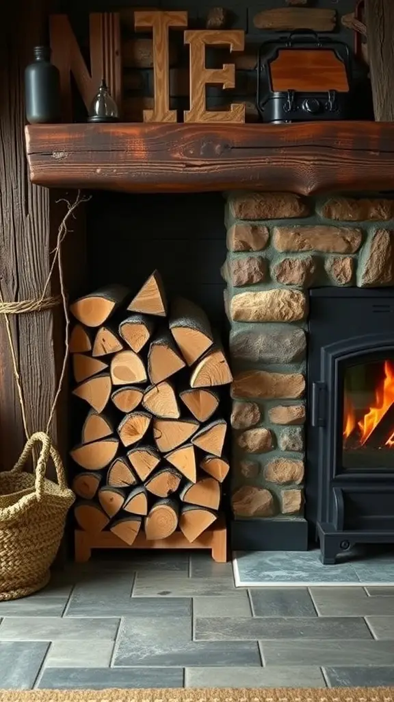 A cozy fireplace with neatly stacked firewood beside it, showcasing rustic interior design.