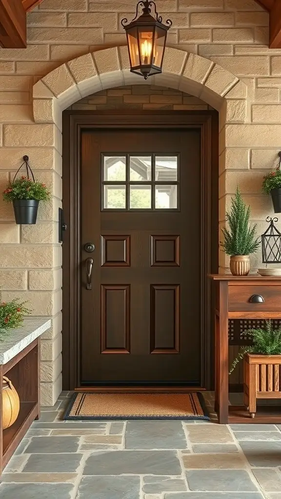 A rustic entryway featuring a wooden door, stone walls, a lantern, and potted plants.