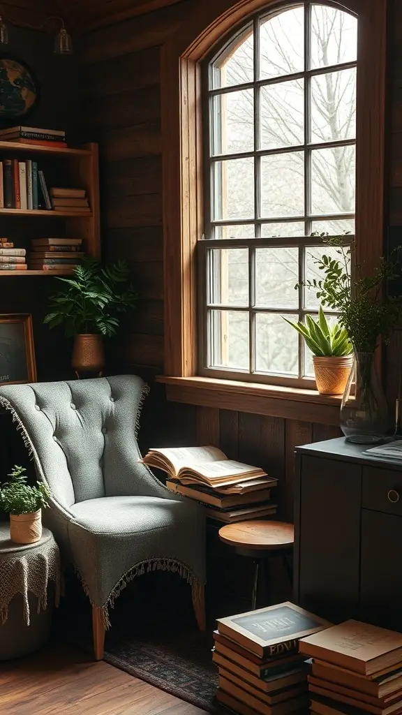 A cozy reading nook featuring a tufted armchair, bookshelves filled with books, and plants by a large window.