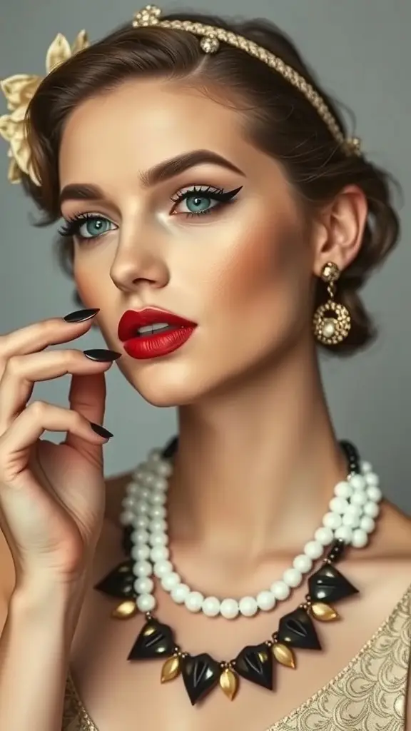 A close-up of a woman showcasing classic winged eyeliner with bold red lips and vintage-inspired accessories.