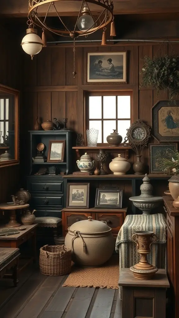 A rustic interior showcasing family heirlooms, including pottery, photographs, and wooden furniture.