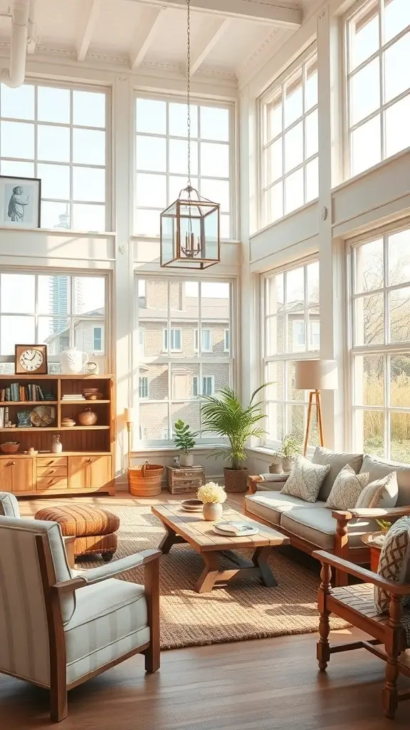 Bright and airy living room with large windows, wooden furniture, and plants.