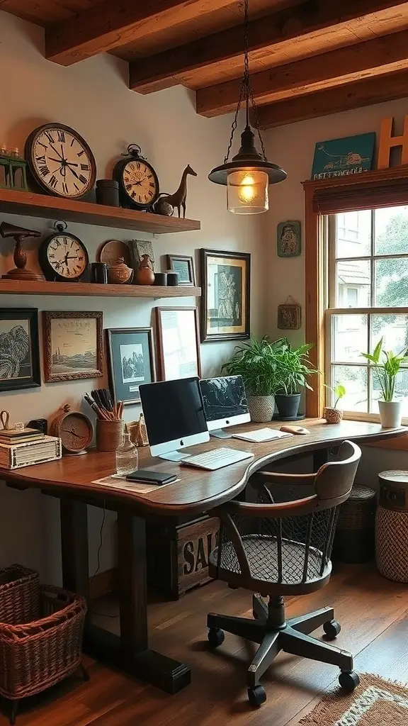 A cozy rustic home office with wooden furniture, plants, and warm lighting.
