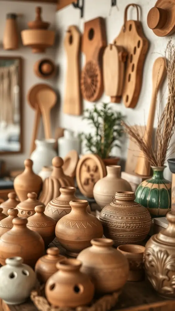 A collection of handcrafted pottery and wooden utensils displayed on a table, showcasing rustic decor.