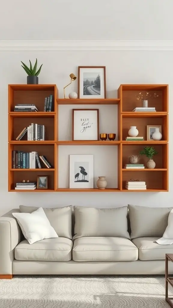 A modern wall shelf design with wooden shelves displaying books, plants, and decorative items.