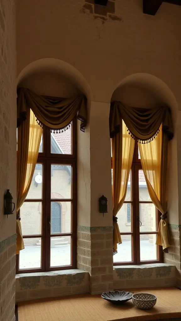 A rustic window with brown curtains and wooden frame, showcasing medieval-inspired design.