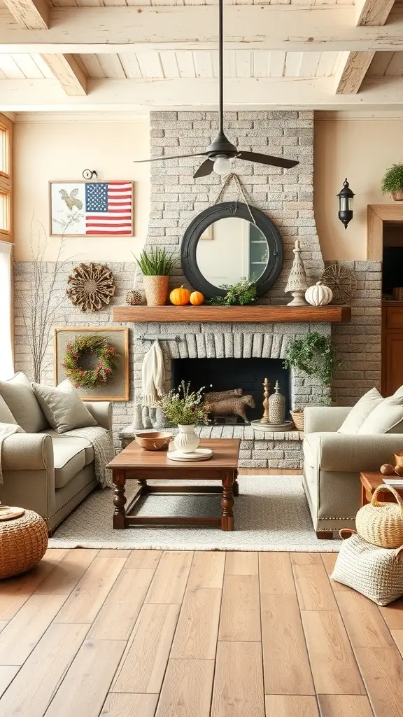 A cozy rustic living room with a stone fireplace, comfortable sofas, and seasonal decor.
