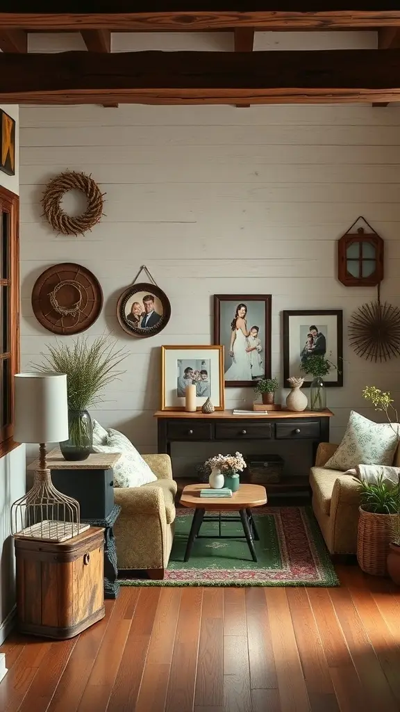 Cozy living area with rustic decor, featuring family photos, plants, and warm furniture.