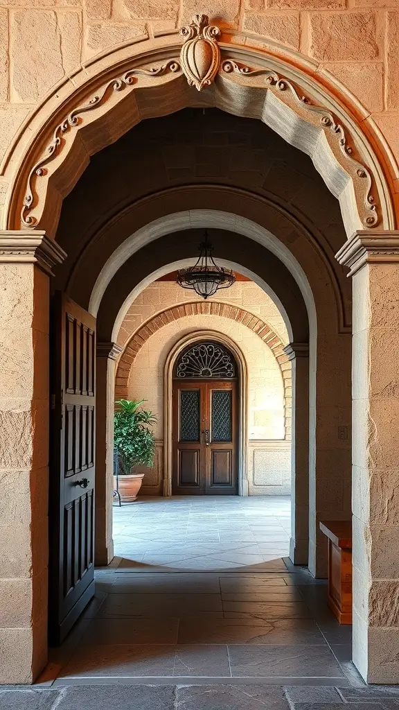 A decorative archway with intricate stonework and wooden doors, leading to a welcoming interior.