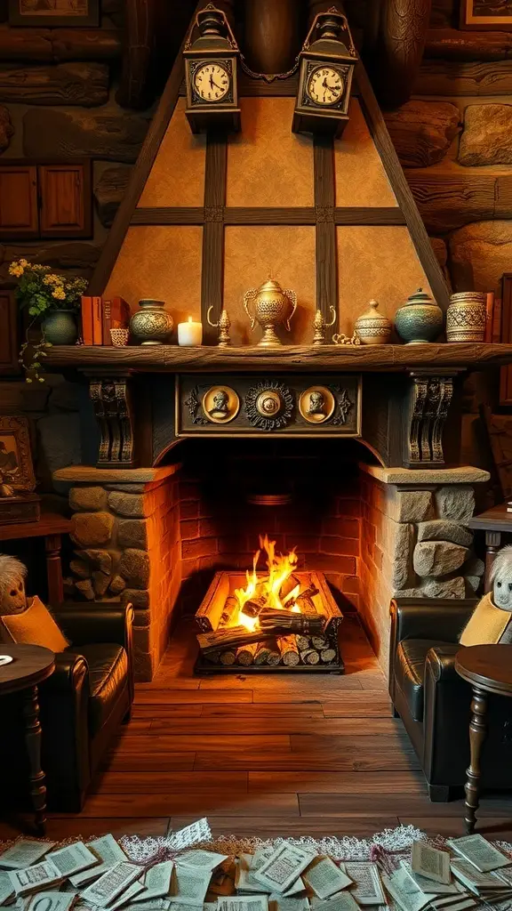 A cozy fireside setting with a stone fireplace, wooden accents, and plush chairs, creating a warm atmosphere for gatherings.