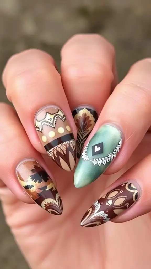 Nail art featuring wildling tribal patterns from Game of Thrones, showcasing intricate designs in earthy colors.