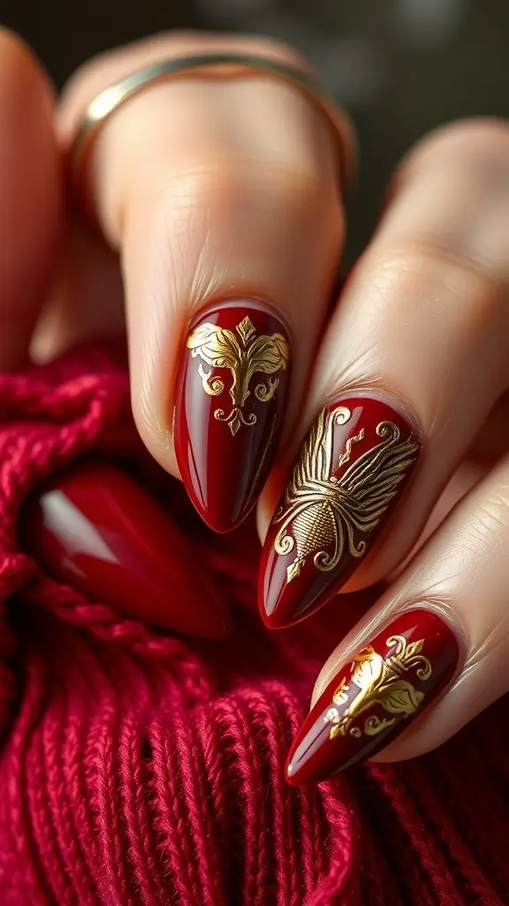 Nail art design inspired by House Lannister from Game of Thrones, featuring gold and red colors.
