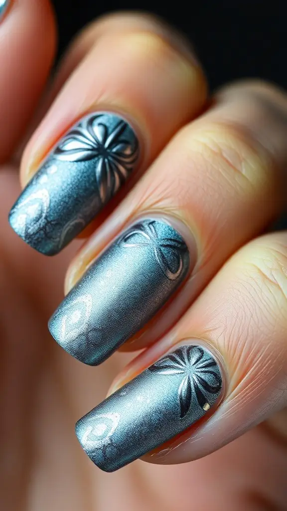 Nail art inspired by Valyrian steel with a metallic blue and silver design featuring floral patterns.