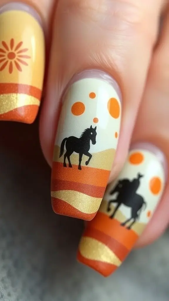 Nail art featuring a Dothraki horse motif with warm colors and star accents.