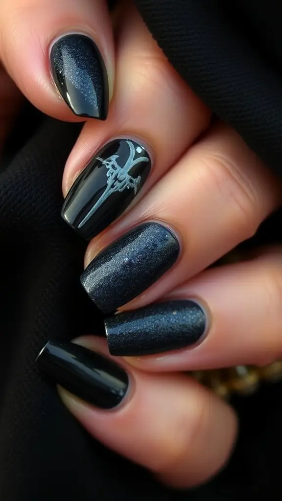 Nail art design inspired by the Night's Watch from Game of Thrones, featuring a cloaked figure on a dark background.