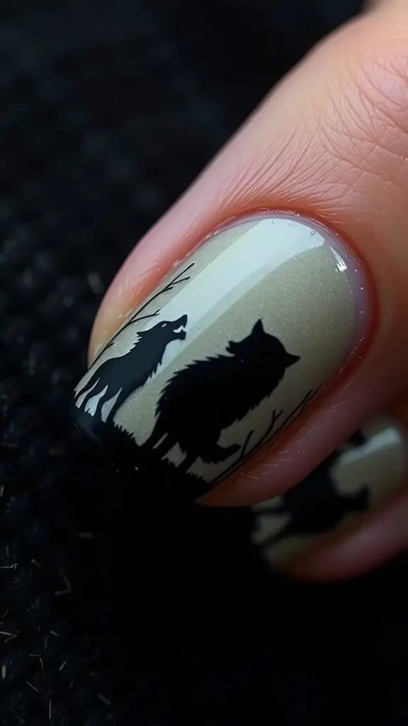Nail art featuring silhouettes of wolves on a beige background, inspired by Arya Stark from Game of Thrones.