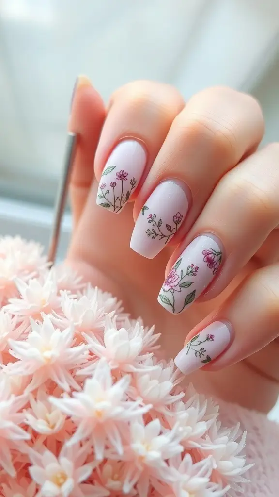 Nail art featuring floral designs on a light background, inspired by Sansa Stark from Game of Thrones.