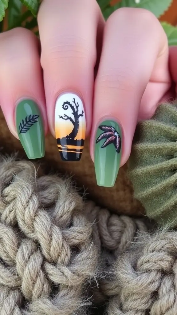 Nail art inspired by Ygritte from Game of Thrones featuring nature elements and earthy tones.