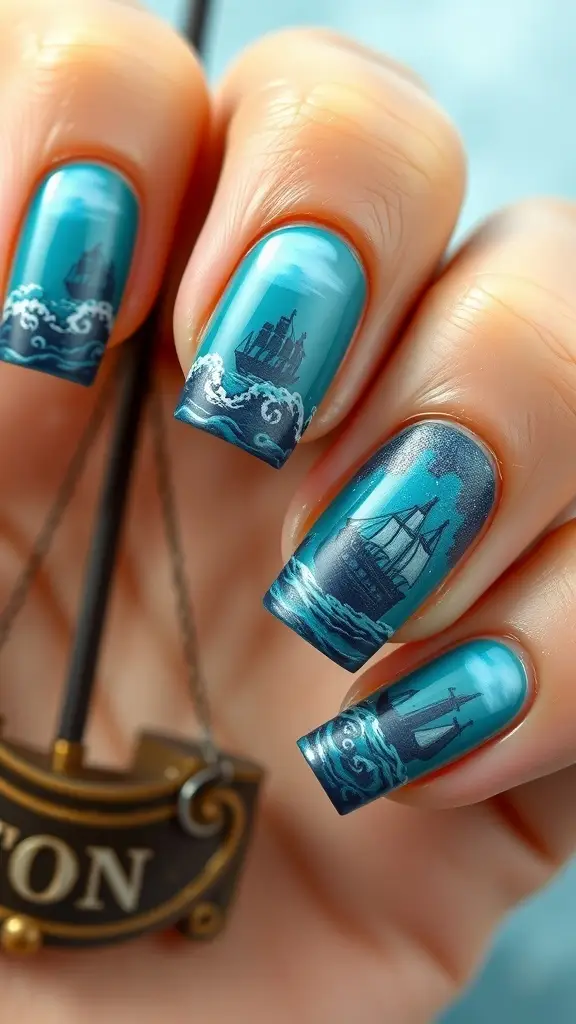 Nail art featuring nautical designs with ships and waves in blue tones