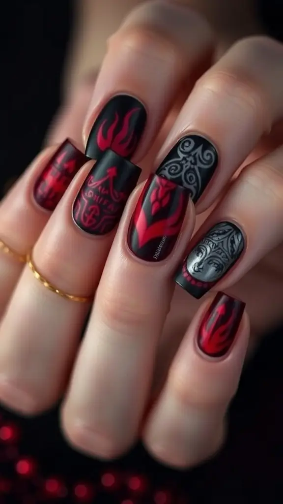 Nail art inspired by the Red Woman from Game of Thrones, featuring black nails with red intricate patterns.