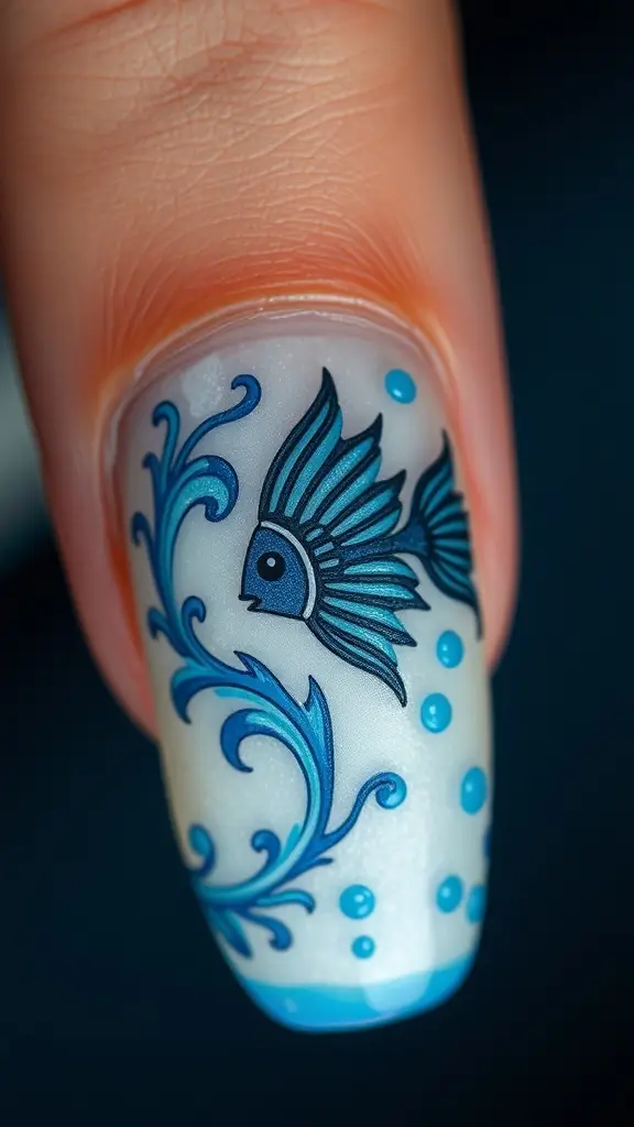 Nail art featuring a Tully fish motif with blue swirls and bubbles