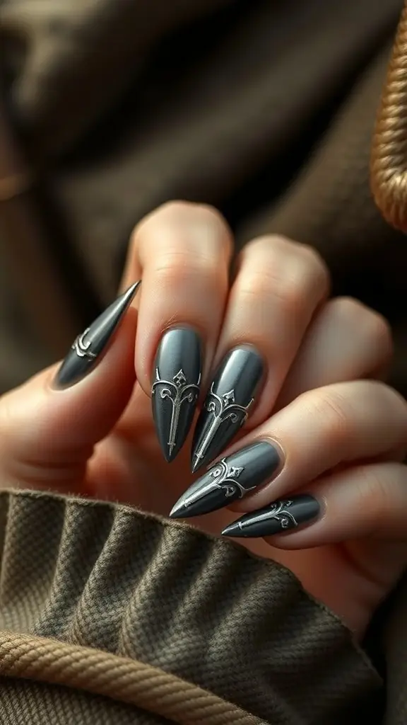 Nail art design inspired by the Unsullied from Game of Thrones, featuring dark gray polish with silver intricate patterns.