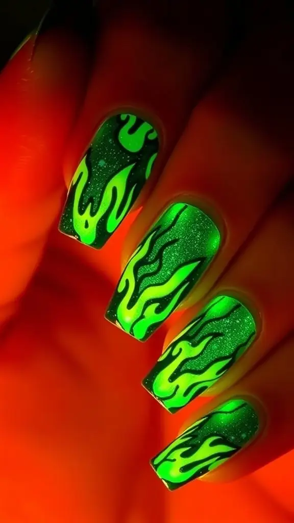 Nail art design featuring a glowing green wildfire pattern